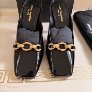 Saint Laurent Black Patent Mules with Gold Chain